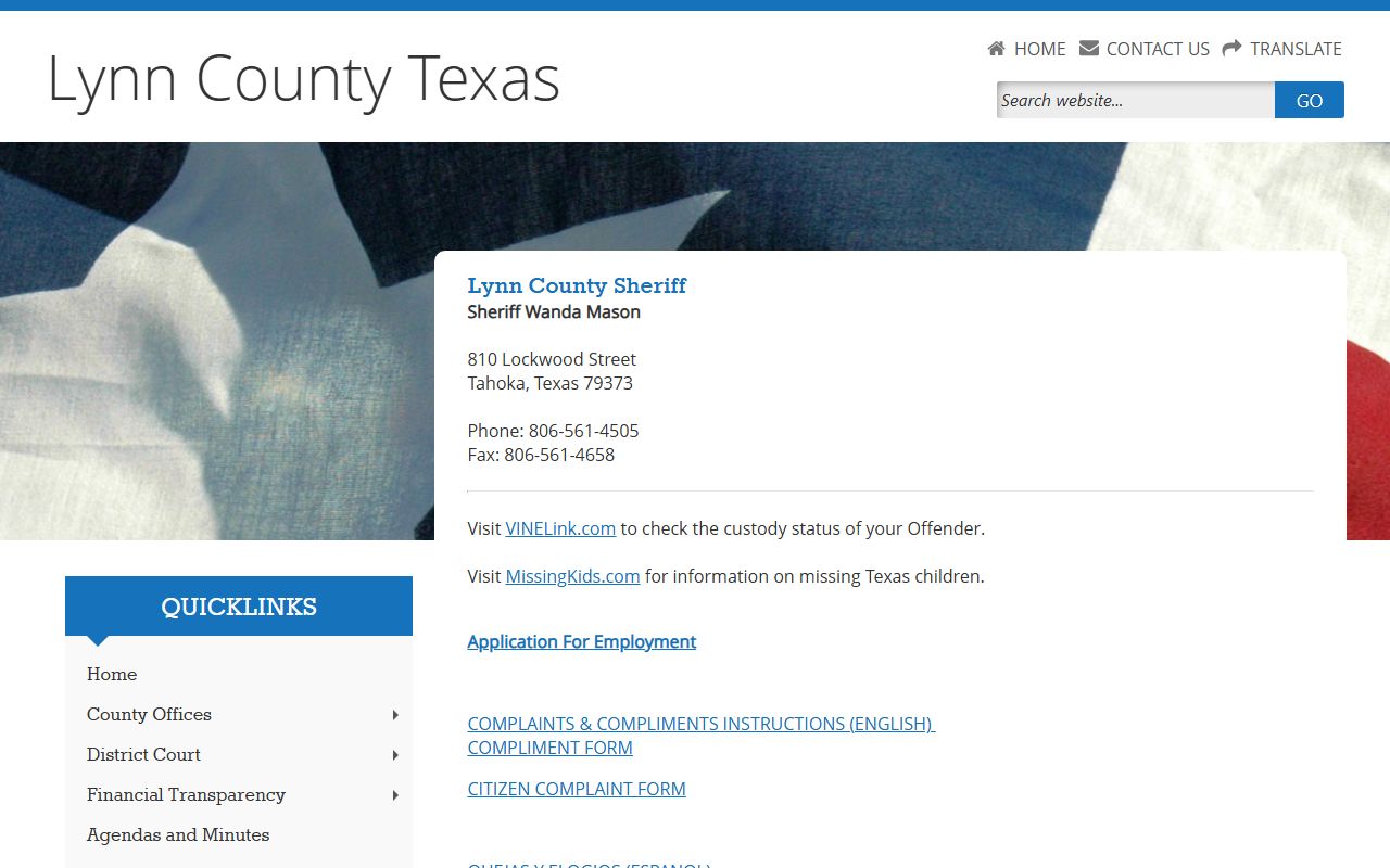 Lynn County Sheriff page showing sheriff contact details and VINELink custody status direction